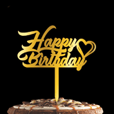 PartyCorp Gold Acrylic Happy Birthday With Heart Cake Topper, 1 Piece